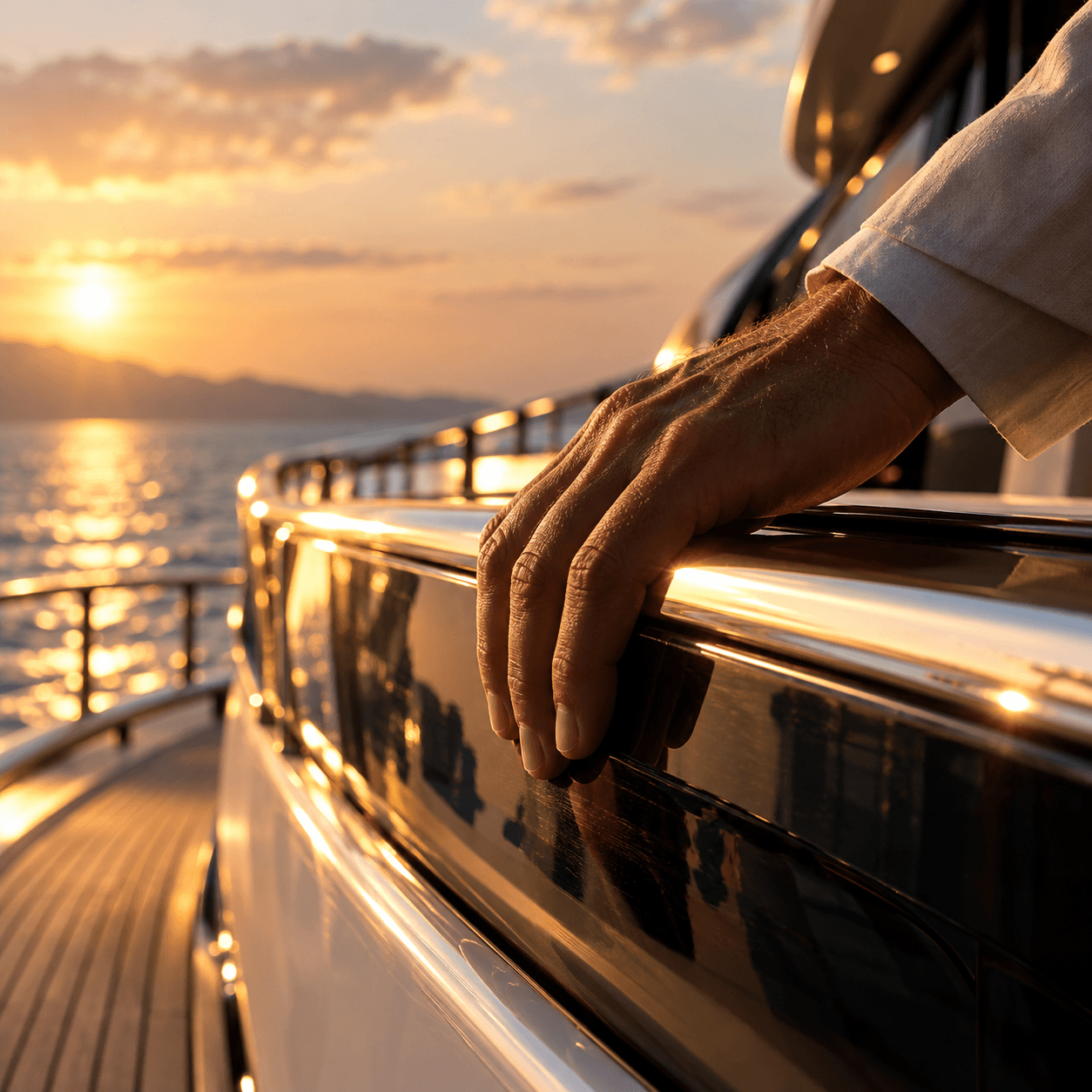 Golden Handrail at Sunset - Fine yacht craftsmanship