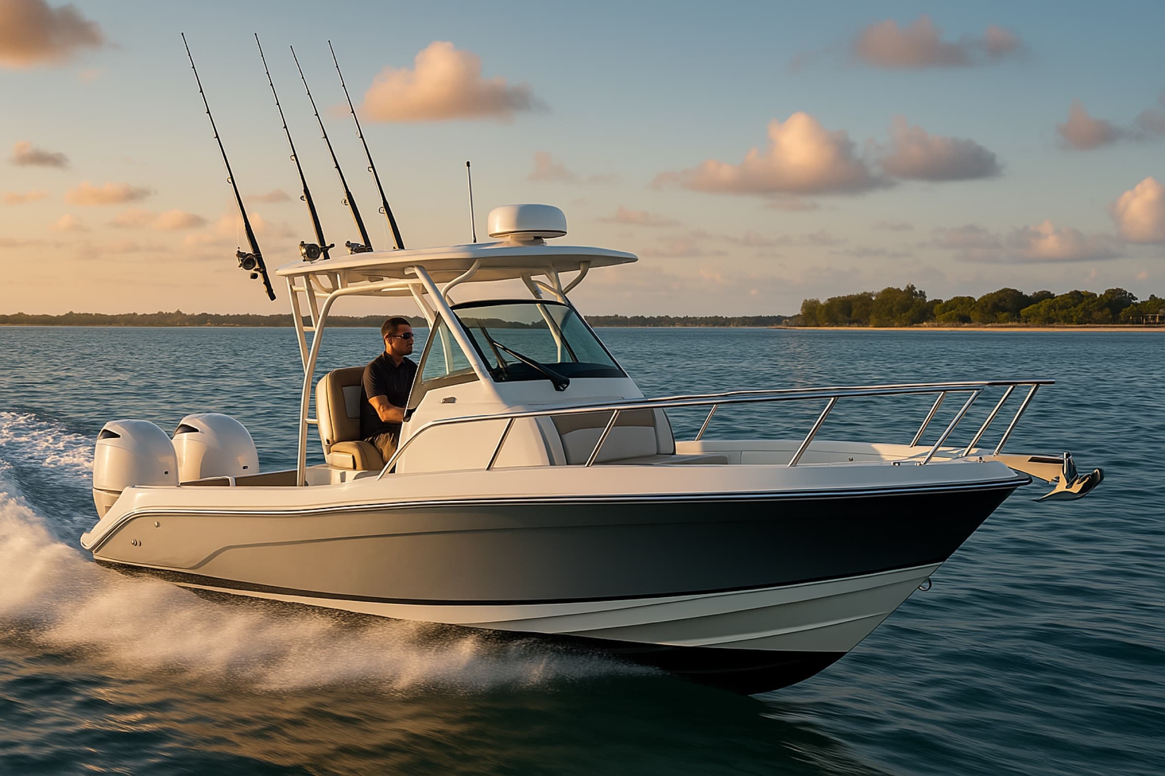 A centre console fishing boat running at golden hour, twin outboards and a hardtop with rod holders.