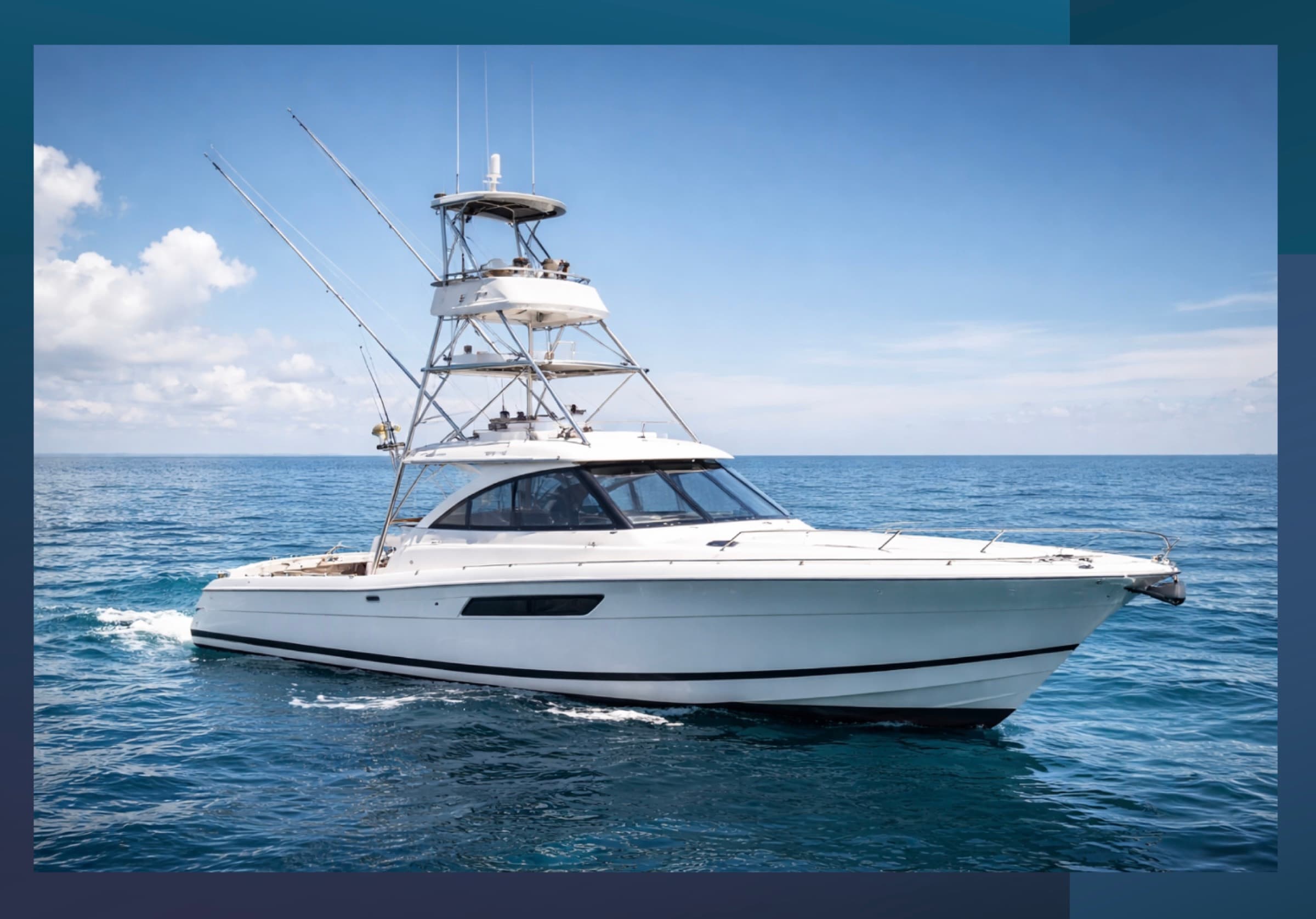 A sportfishing boat with a tuna tower and outriggers, under way at sea.