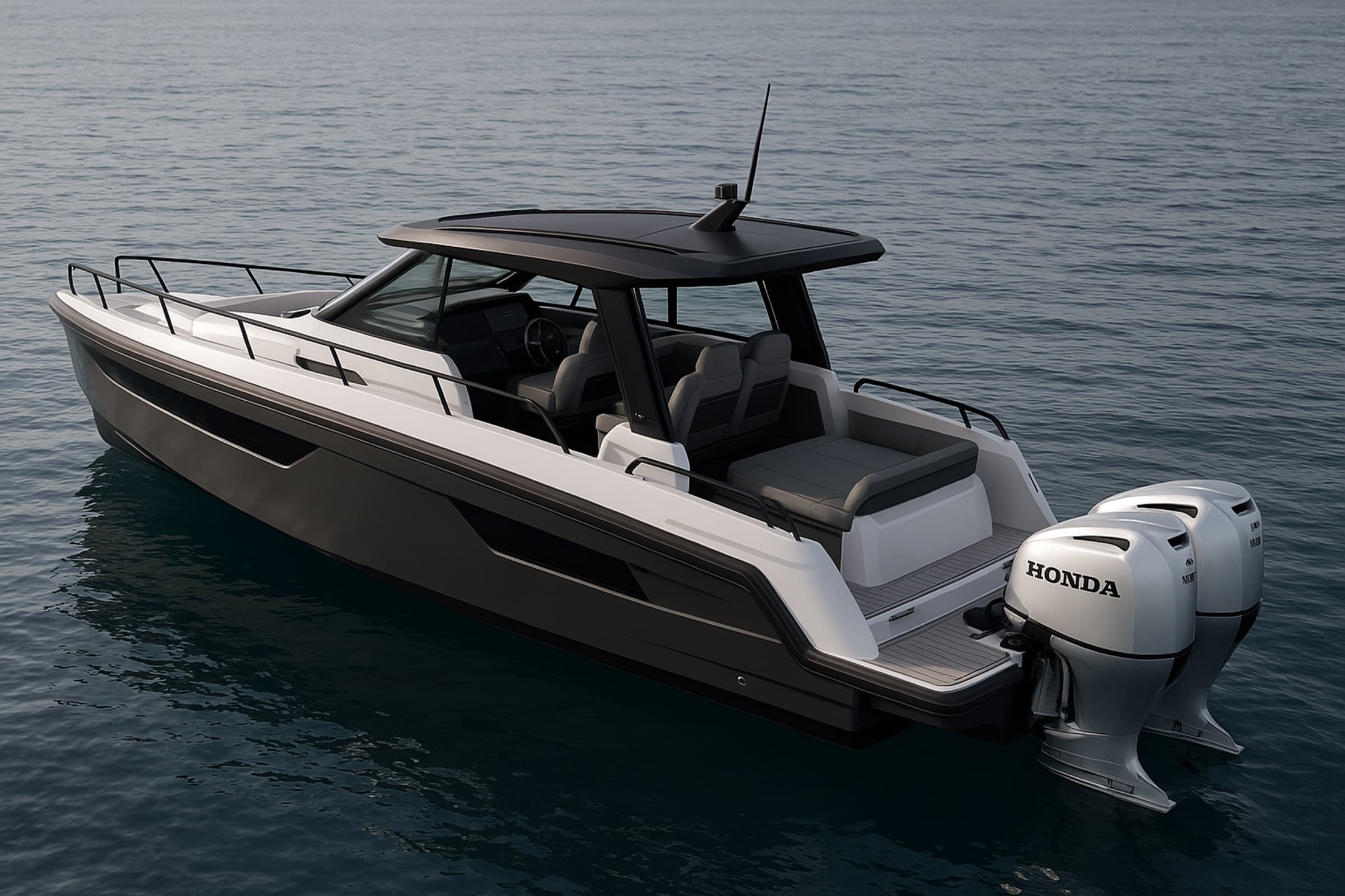 A 12 metre sport boat with a black hardtop and twin outboard engines.