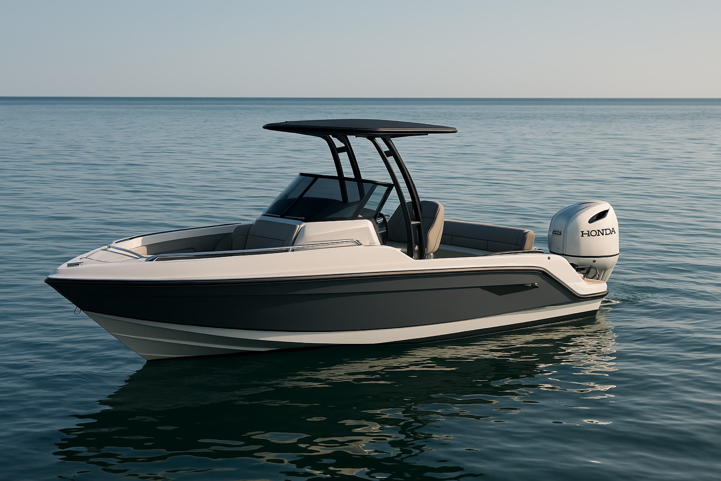 A 7 metre centre console sport boat with a black T top and a single outboard engine.